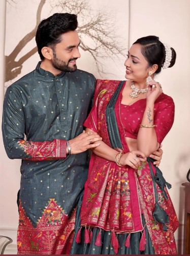 Patola Foil Print Lehenga with Kurta Pajama Couple Outfit